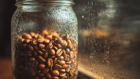 Coffee beans in a glass jar on the windowsill.の写真素材