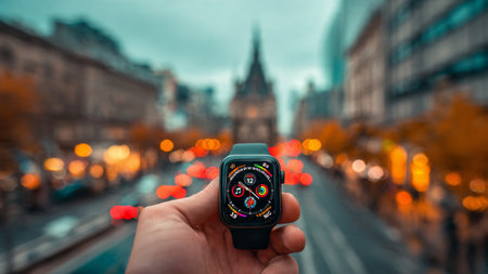 Man using a smart watch on the streets of London.の写真素材