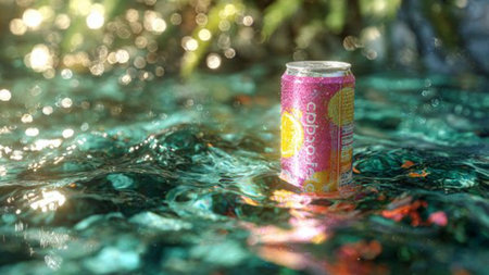 Aluminium can of lemonade on the water.の写真素材