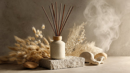 Aromatic reed air freshener on stone table, closeup