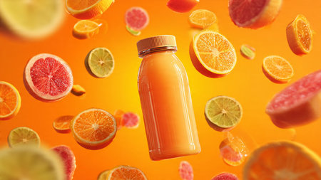 Bottle of fresh juice with citrus fruits on orange background, top view