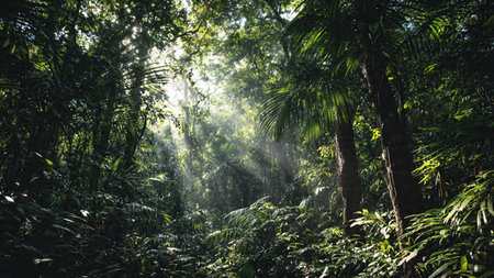 Tropical rainforest with sunrays shining through the trees.