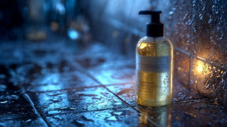 Soap dispenser on wet stone floor in rainy day. Selective focus.