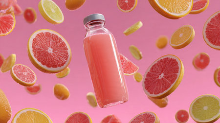 Bottle of fresh grapefruit juice with falling citrus fruits on pink backgroundの写真素材