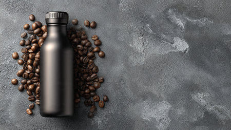 Black plastic bottle with coffee beans on grey background, top view. Space for textの写真素材