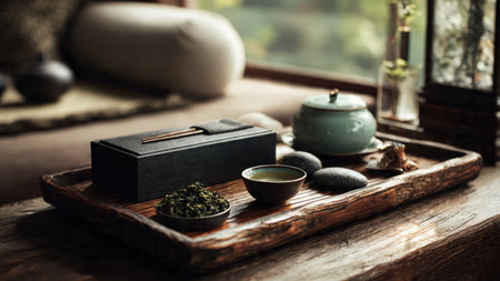Green tea and teapot on a wooden tray in the roomの写真素材