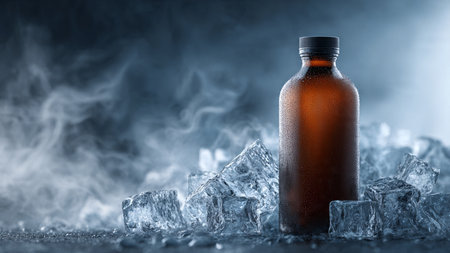 Glass bottle with ice on dark blue background with smoke and fog.