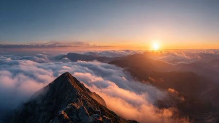 Sunrise over the clouds in the mountains. Panoramic view