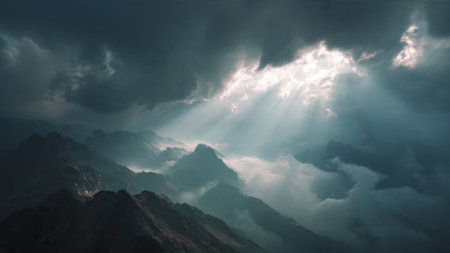 Dramatic sky with clouds and sunbeams in the mountainsの写真素材