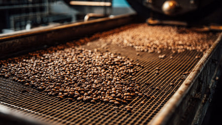 Roasted coffee beans on a conveyor belt in a coffee factoryの写真素材