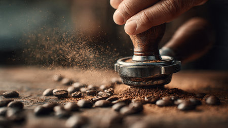 Coffee grinder with ground coffee on wooden table, closeupの写真素材