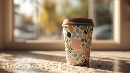 Paper cup of coffee on the windowsill. Selective focus.