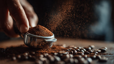 Close-up of male hand pouring ground coffee into a sieve