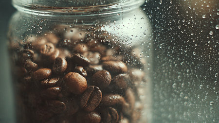 Coffee beans in a glass jar on a rainy day.