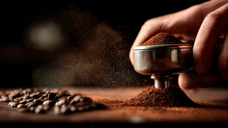 Coffee grinder and coffee beans on a dark background.の写真素材