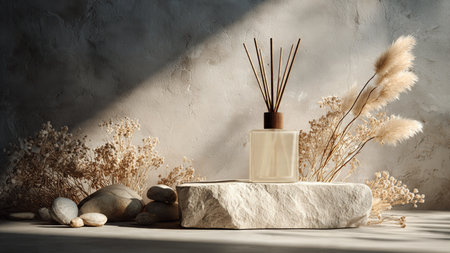 3d render of a podium with reed diffuser and stones