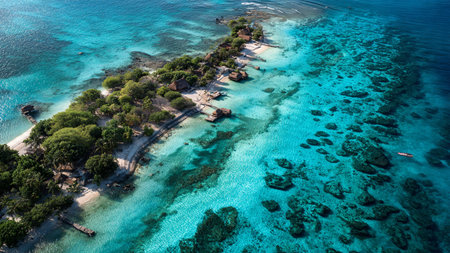 Aerial view of tropical island with turquoise water and coral reef.