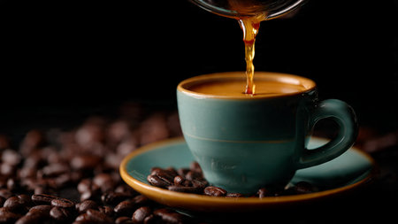 Coffee pouring into a cup with coffee beans on black background
