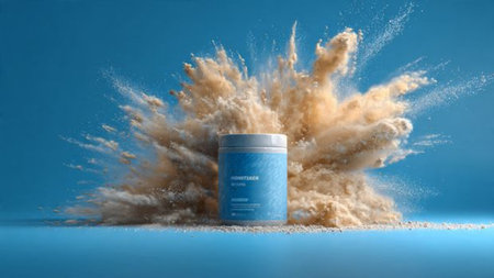 3d rendering of a cosmetic cream with dust and splashes on blue background