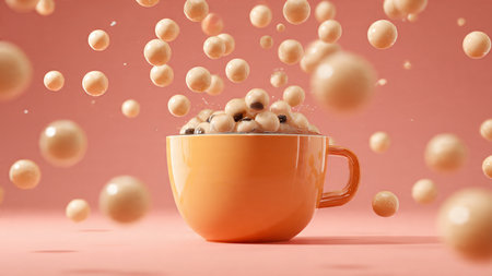 Cup of coffee with flying balls on pink background. 3d renderingの写真素材