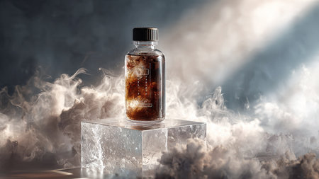 Glass bottle with ice cubes and smoke on dark backgroundの写真素材