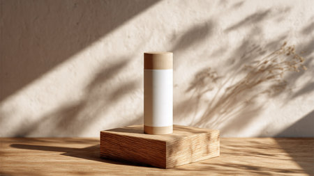 3d rendering of blank cosmetic bottle mockup on wooden podium with shadowsの写真素材