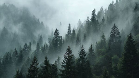 Foggy morning in the coniferous forest. Carpathians, Ukraine