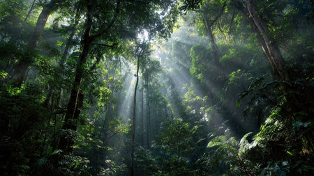 Sun rays shining through the trees in tropical rainforest, Thailand.