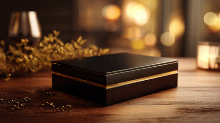 Black gift box on wooden table in room decorated for Christmas, closeup