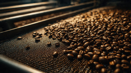 Coffee beans on a conveyor belt in a coffee factoryの写真素材