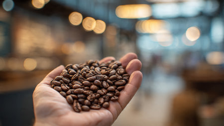 Coffee beans in hand on coffee shop background, close upの写真素材
