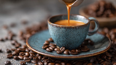 Coffee pouring into a cup with coffee beans, selective focus