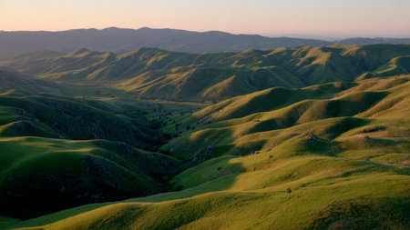 Sunset over the green hills of the San Francisco Bay Area.