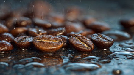 Coffee beans on a dark background with water drops, close-upの写真素材
