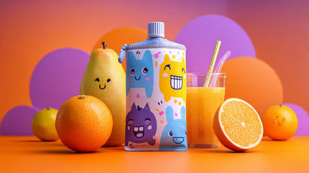 Fruits and juice in a plastic bottle on a colorful background.の写真素材