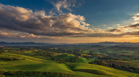 Panoramic view of Tuscany hills at sunset, Italy