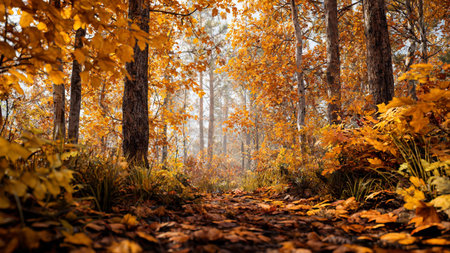 Autumn landscape in the forest with fog and fallen yellow leaves.