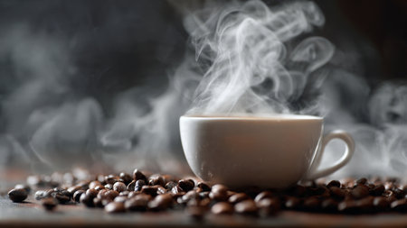 Coffee cup and coffee beans on a wooden table with smokeの写真素材