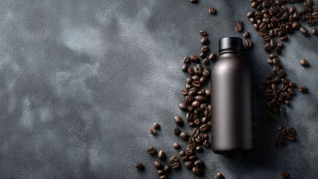 Mockup of a bottle with coffee beans on a dark backgroundの写真素材