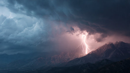 Lightning strike over the mountains. Dramatic stormy sky.の写真素材