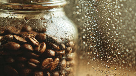 Coffee beans in glass jar with water drops on wet window backgroundの写真素材