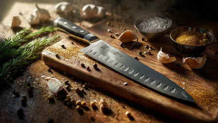 Cutting board with knife and spices on a wooden table, selective focus
