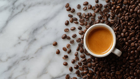 Coffee cup and coffee beans on white marble background, top viewの写真素材