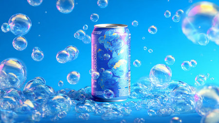 Aluminum can with water bubbles on blue background. 3d illustration
