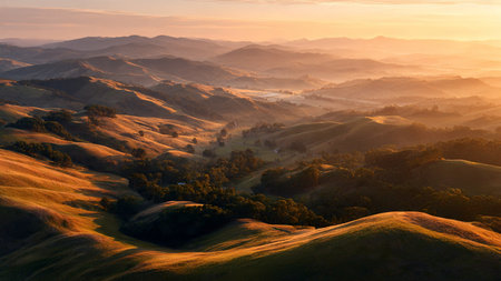 Sunrise over the hills in the countryside of California, USA.