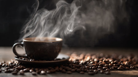 Coffee cup and coffee beans on wooden table with smoke.の写真素材