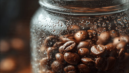 Coffee beans in a glass jar with water drops on a wooden backgroundの写真素材
