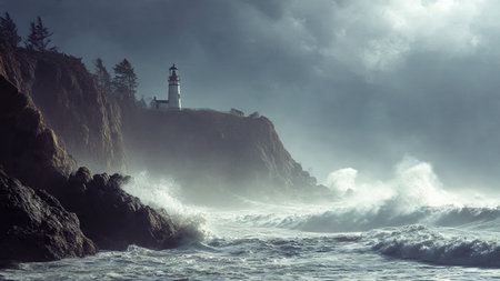 Lighthouse on a stormy day in California, United States.の写真素材