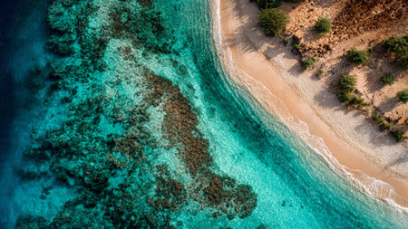 Aerial view of a beautiful sandy beach with turquoise waterの写真素材