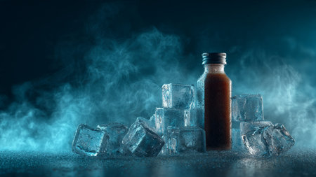 Bottle of cold drink with ice cubes and smoke on dark backgroundの写真素材